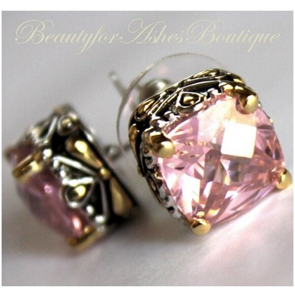 10mm Checker Cushion Cut Two Tone Throne Room Pink Old World Classic CZ Earrings - Picture 1 of 2